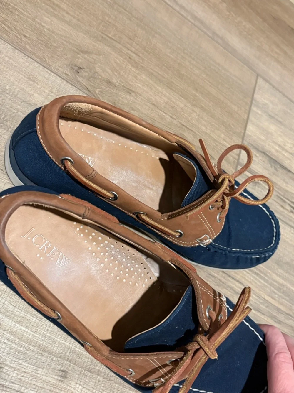 J. Crew AW681 2-Eye Canvas Slip-On Boat Loafer Shoes leather Blue Brown‎ Men's 8